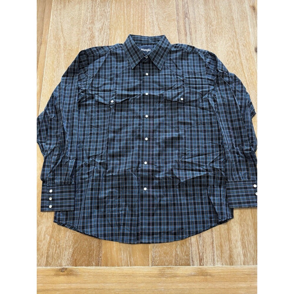 Wrangler Shirt Mens XL NWOT Western Snap Plaid Long Sleeve Blue Black MWR177M